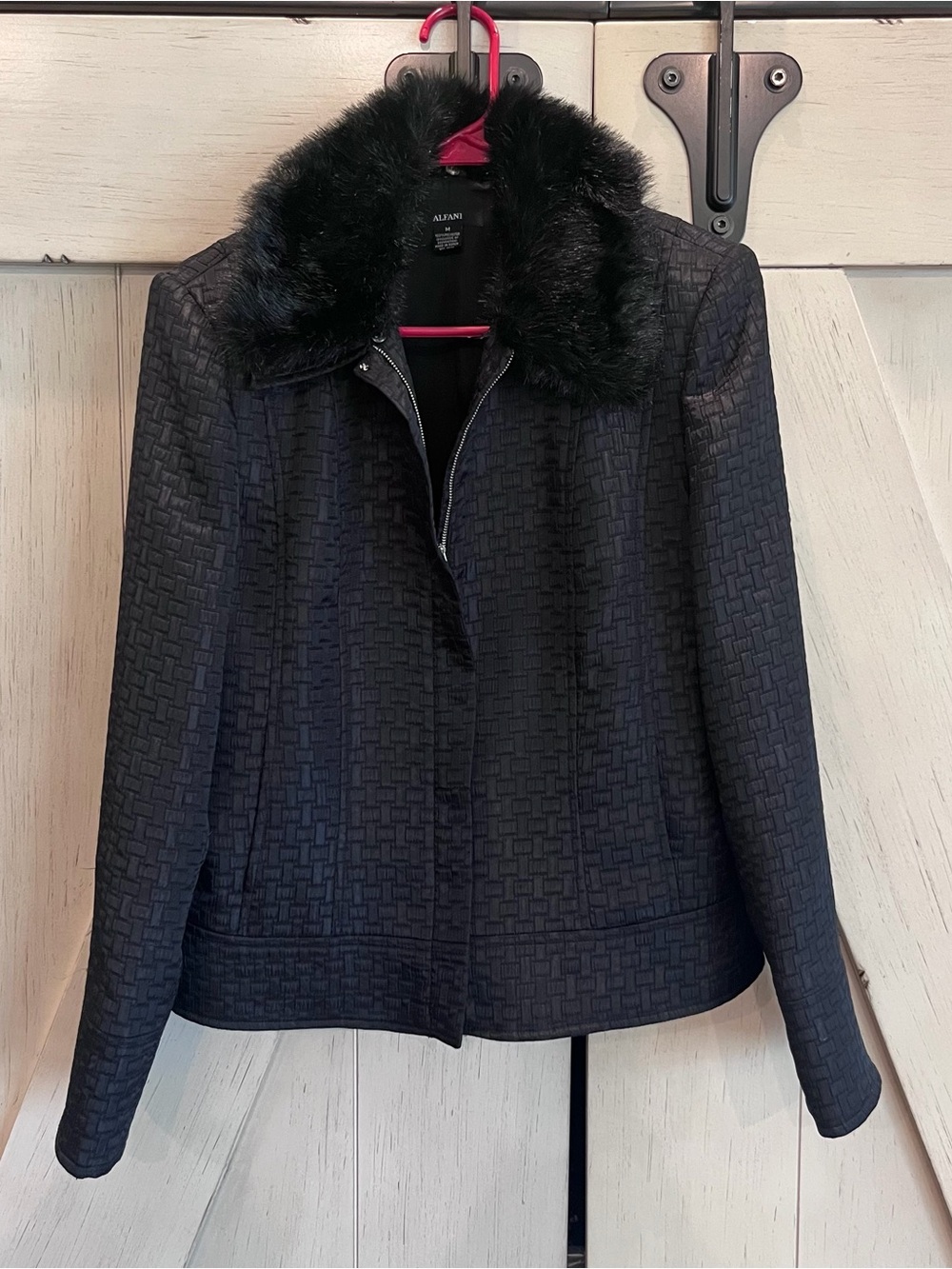 Alfani Black Textured Jacket with Faux-Fur Collar